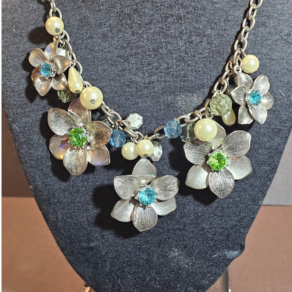 Vintage Silver Tone Floral Statement Necklace Blue Green Rhinestone Faux Pearl